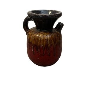 German Fat Lava Style Ceramic‎ Vase with  Handle & Brown-Red Gradient Glaze 9"